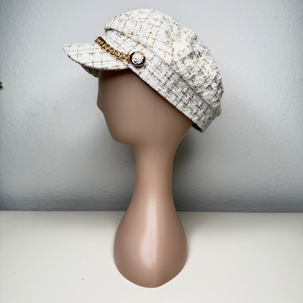 Unbranded Newsboy Cap Women Ivory Gold Tweed Chain‎ Baker Boy Hat One Size